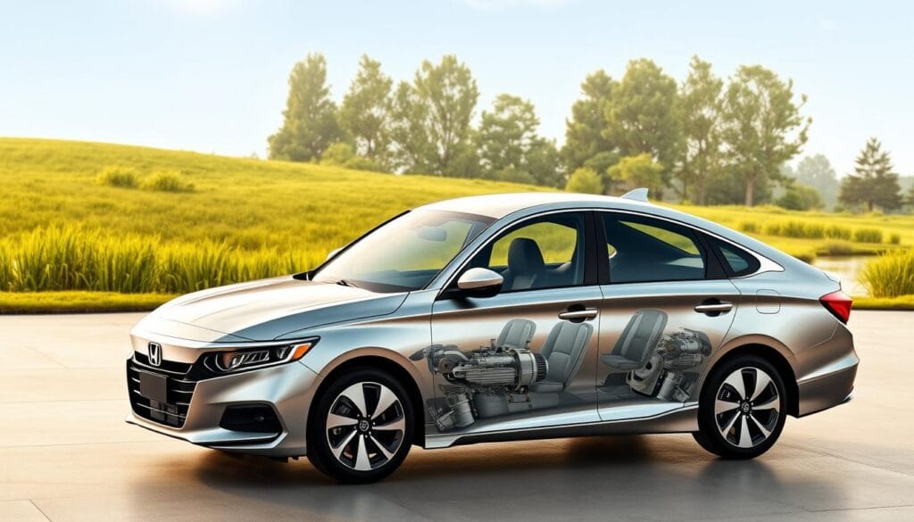 A sleek, aerodynamic Honda Accord parked on a smooth, polished surface, its gleaming metallic body reflecting the soft, natural lighting of an eco-friendly environment. The vehicle's exterior showcases advanced hybrid technology, with subtle design cues and badging highlighting its environmental credentials. In the foreground, a cutaway view reveals the Accord's efficient powertrain, including advanced electric motors and regenerative braking systems. In the background, a lush, verdant landscape with towering trees and a tranquil pond creates a serene, sustainable setting, reinforcing the car's eco-friendly ethos.