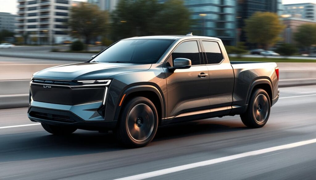 A sleek, aerodynamic Lordstown Endurance electric pickup truck glides through the frame, its streamlined body tapering gracefully from the bold front grille to the gently sloping roofline. The truck's surface is smoothly sculpted, with subtle contours and contoured wheel wells that minimize drag. Soft, even lighting accentuates the curves, while a low, wide stance and flush-mounted wheels convey a sense of stability and balance. In the background, a blurred cityscape suggests an urban setting, hinting at the Endurance's suitability for both work and daily commutes. The overall impression is one of advanced, efficient design - a pickup truck optimized for maximum range and performance.