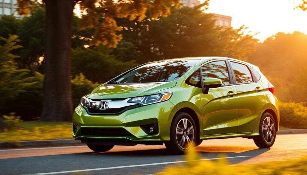 A sleek and compact Honda Fit EV glides effortlessly through a serene urban landscape, its vibrant green exterior gleaming under the soft, warm lighting of a sunset. The car is nestled amidst lush greenery, with towering trees and verdant foliage in the background, conveying a sense of harmony between the vehicle and its environment. The Fit EV's clean, aerodynamic design and advanced electric powertrain symbolize the vehicle's commitment to sustainable, eco-friendly mobility. The scene exudes a tranquil, environmentally-conscious atmosphere, perfectly capturing the essence of the "Eco-Friendly Features and Sustainability" section of the article.