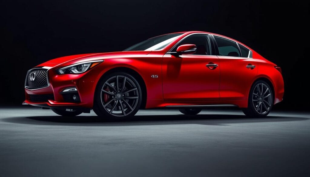 A sleek and dynamic Infiniti Q50 Red Sport, captured in a dramatic mid-shot against a high-contrast backdrop. The car's curvaceous body, sculpted with muscular contours, glistens under crisp studio lighting, casting deep shadows that accentuate its athletic silhouette. The bold red paint finish, accented by shiny chrome trim, radiates a sense of performance and premium quality. The low camera angle emphasizes the vehicle's powerful stance, drawing the viewer's attention to the sculpted wheel arches, aggressive front grille, and streamlined side profile. An atmosphere of precision, sophistication, and raw dynamism permeates the scene, showcasing the Infiniti Q50 Red Sport's performance-inspired design.