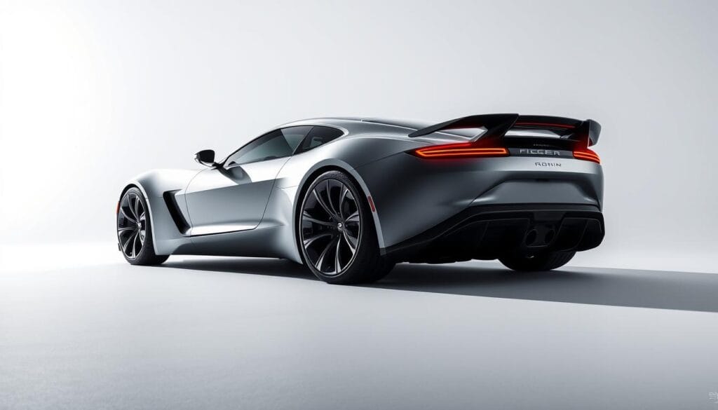 A sleek and futuristic Fisker Ronin electric sports car, its aerodynamic body gleaming under crisp studio lighting. The vehicle's profile is captured in a low-angle shot, highlighting its sharp, angular design and prominent rear wing. The lighting accentuates the car's contours, casting dramatic shadows that convey a sense of power and performance. In the background, a minimalist white backdrop creates a clean, modern setting, allowing the Ronin's design to take center stage. The overall atmosphere is one of technical sophistication, hinting at the advanced engineering and production details that will make this vehicle a highly anticipated addition to the luxury electric car market.