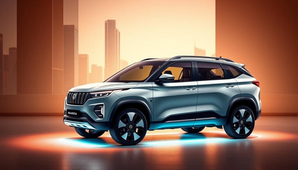 A sleek and futuristic Mahindra XUV700 SUV, showcasing its advanced Intelligent Connected Technology. The vehicle is prominently displayed, with a clear focus on its bold and distinctive design. The interior is illuminated with a soft, ambient glow, highlighting the high-tech dashboard and infotainment system. The background is a minimalist, urban setting, with skyscrapers and a city skyline visible in the distance, conveying a sense of modern sophistication. The lighting is warm and directional, creating a sense of depth and emphasizing the vehicle's advanced features. The overall mood is one of technological prowess and premium luxury.