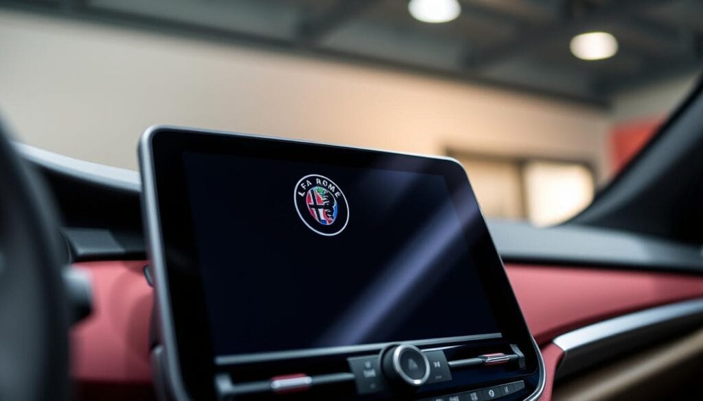 A sleek and modern Alfa Romeo Stelvio Quadrifoglio infotainment system, showcased in a well-lit, studio-style setting. The high-resolution display dominates the foreground, its vibrant colors and crisp graphics reflecting the premium Italian design. The system's intuitive interface, with its clean lines and minimalist controls, is presented in a way that highlights its user-friendly functionality. The background is subtly blurred, keeping the focus on the infotainment display and creating a sense of depth and professional presentation, as if captured by a skilled automotive photographer.
