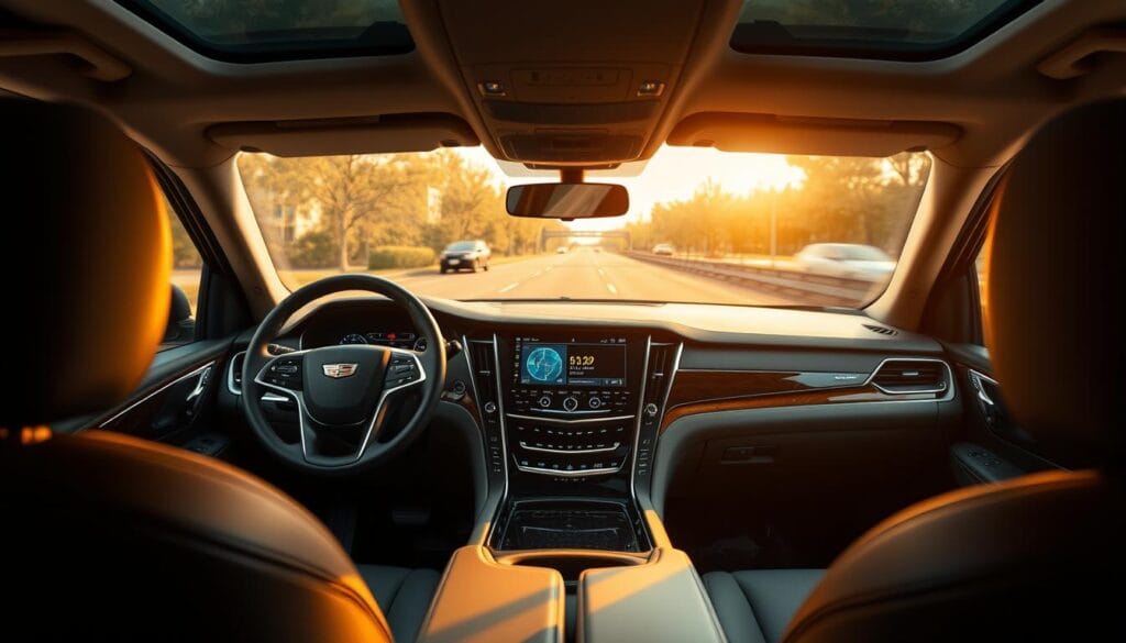 A sleek and modern Cadillac Escalade interior, with the dashboard's central display showcasing the Super Cruise hands-free driving technology. The system's steering wheel and intuitive control panel are prominently featured, conveying the advanced autonomous capabilities. Warm, natural lighting illuminates the cabin, creating a sense of sophistication and technological prowess. The camera angle captures the driver's perspective, immersing the viewer in the cutting-edge driving experience. The overall scene exudes confidence, safety, and the future of automotive innovation.