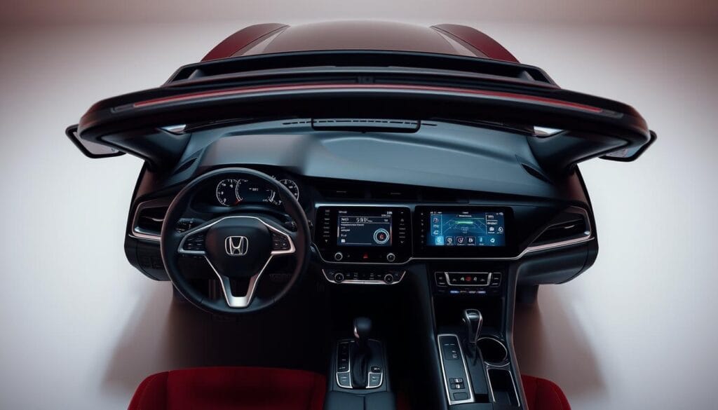 A sleek and modern Honda Accord Sport sedan, showcasing its advanced technology features. The vehicle is positioned in a well-lit, minimalist studio setting, allowing the interior and dashboard details to take center stage. The camera angle captures the dashboard from a slight overhead perspective, emphasizing the large, high-resolution infotainment display, touch-sensitive controls, and the Honda Sensing suite of driver-assistance technologies. The ambient lighting creates a warm, premium atmosphere, highlighting the contrast between the dark interior and the bright, crisp display elements. The overall composition draws the viewer's attention to the Accord Sport's cutting-edge connectivity and safety innovations.
