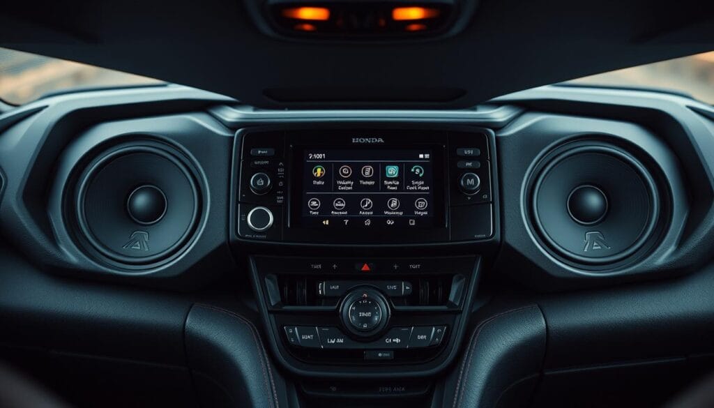 A sleek and modern Honda Talon audio entertainment system takes center stage, showcasing a high-resolution touchscreen display, intuitive controls, and premium speakers meticulously integrated into the vehicle's interior. Subtle ambient lighting casts a warm glow, setting the mood for an immersive listening experience. The system's clean, minimalist design seamlessly blends with the Talon's sporty aesthetic, creating a harmonious and visually appealing integration. Crisp, detailed textures of the components, knobs, and interfaces capture the attention, hinting at the advanced technology within. A sense of sophistication and technological prowess emanates from this comprehensive audio solution, tailored to enhance the thrill of the Honda Talon's off-road adventures.