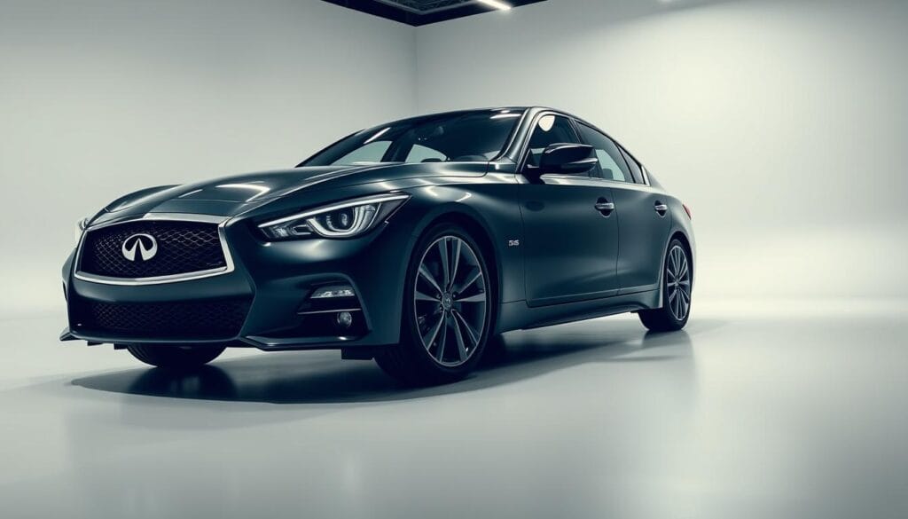A sleek and modern Infiniti Q50 sedan, its advanced technology features elegantly showcased. The vehicle is positioned in a well-lit studio setting, captured from a dynamic low-angle perspective to emphasize its bold, refined design. The interior is visible, with the dashboard and center console prominently displayed, highlighting the array of intuitive digital displays, touchscreens, and driver-assistance systems. The exterior features the distinctive Infiniti grille, sculpted body panels, and premium lighting elements. The overall mood is one of sophisticated technology, seamlessly integrated into a luxurious, high-performance driving experience.