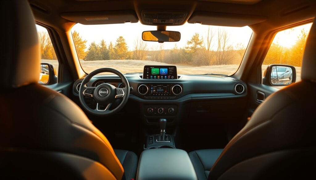 A sleek and modern Jeep Recon EV interior, bathed in a warm, golden-toned light. The dashboard features a large, high-resolution touchscreen display showcasing the latest in-vehicle technology. Ergonomic leather seats provide exceptional comfort, while subtle ambient lighting creates a sophisticated ambiance. The center console houses intuitive controls for vehicle settings and infotainment, seamlessly blending form and function. Expansive windows allow natural light to flood the cabin, complementing the premium materials and attention to detail. This is a sanctuary of comfort and cutting-edge technology, perfectly suited for the eco-conscious driver seeking a refined, high-tech driving experience.