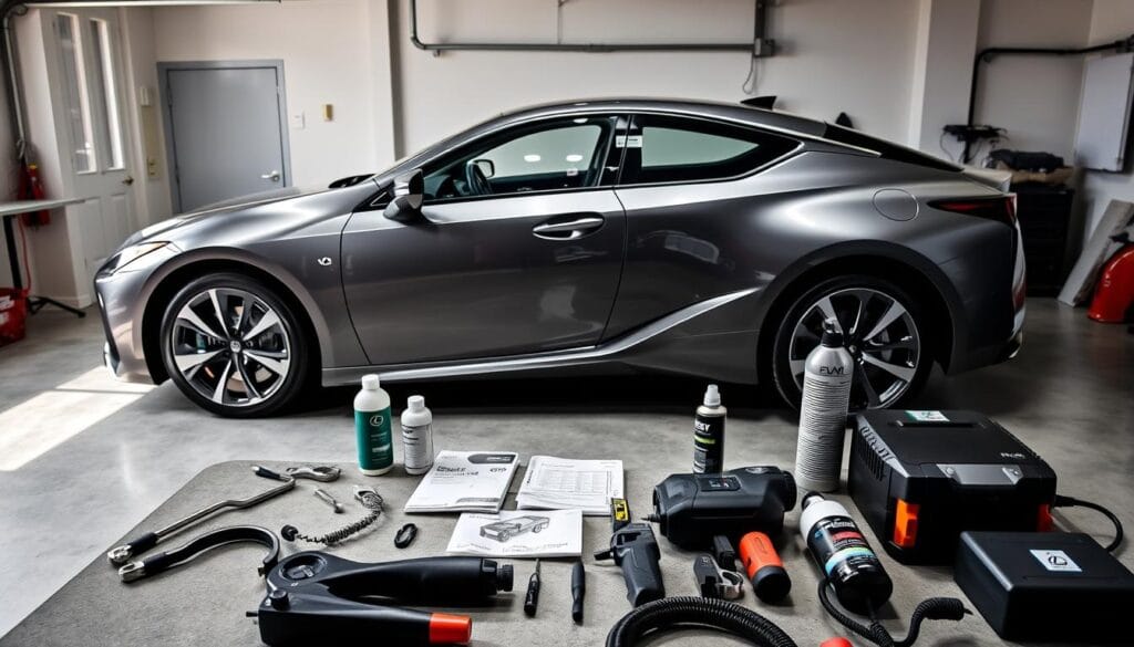 A sleek and modern Lexus RZ 450e electric vehicle parked in a well-lit, upscale garage. The car's exterior gleams with a lustrous paint finish, the bold Lexus design language evident in its smooth lines and distinctive grille. The interior is visible through the windows, showcasing the premium leather upholstery and advanced infotainment system. In the foreground, various maintenance tools and supplies are neatly arranged, including a torque wrench, cleaning products, and a battery charger, hinting at the care and attention required to keep this luxury hybrid in peak condition. The mid-ground features a workbench with manuals and technical documents, while the background depicts the clean, sophisticated ambiance of the garage, with polished concrete floors and recessed lighting.