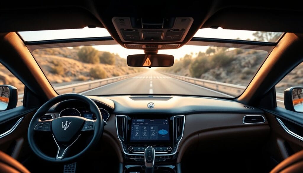 A sleek and modern Maserati Levante dashboard, showcasing its advanced infotainment system. In the foreground, a high-resolution touchscreen display dominates the center console, its intuitive interface and crisp graphics reflecting the vehicle's luxurious and technological character. The middle ground features precisely engineered climate controls and various knobs and buttons, all crafted with the brand's signature attention to detail. In the background, a panoramic windshield offers a panoramic view of the road ahead, bathed in warm, natural lighting that complements the rich leather and brushed aluminum accents throughout the cabin. The overall scene conveys the Levante's blend of performance, sophistication, and cutting-edge automotive technology.
