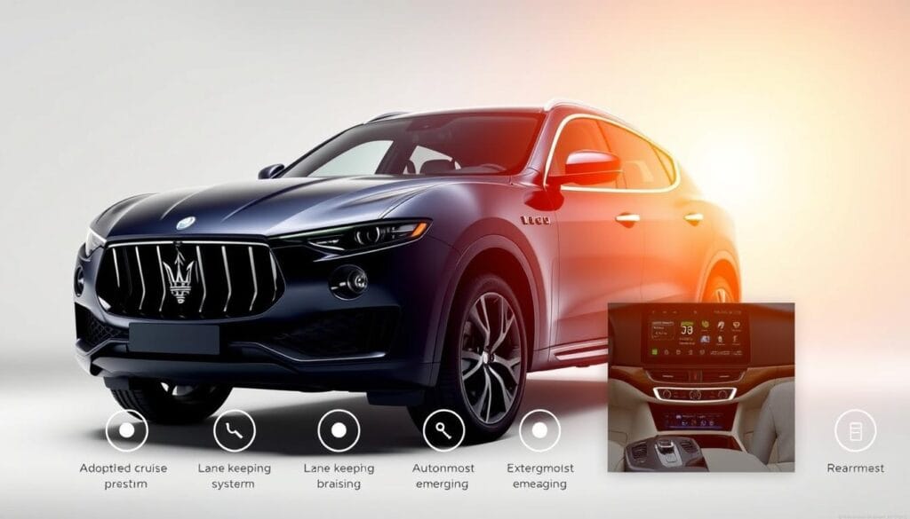 A sleek and modern Maserati Levante luxury SUV, showcasing its advanced safety technology. The vehicle is captured in a well-lit, high-resolution studio setting, highlighting its elegant exterior design and premium features. The camera angle emphasizes the powerful front grille, LED headlights, and sculpted body lines. In the foreground, the driver-assistance systems are prominently displayed, such as adaptive cruise control, lane-keeping assist, and autonomous emergency braking. The middle ground features a detailed interior, with a large touchscreen display and advanced infotainment system. The background subtly fades into a clean, minimalist environment, allowing the Levante's sophistication and safety to take center stage.