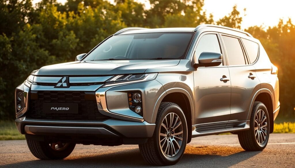 A sleek and modern Mitsubishi Pajero diesel SUV, parked in a serene outdoor setting with lush greenery in the background. The vehicle is shown in a three-quarter front view, highlighting its bold and angular design, with a focus on the well-crafted front grille and headlights. The lighting is warm and natural, creating a soft, diffused glow that enhances the car's metallic paint finish. The Pajero's proportions and stance convey a sense of power and efficiency, while the clean, uncluttered background allows the vehicle to take center stage. The overall image showcases the Pajero's impressive fuel economy and environmental responsiveness, aligning with the "Fuel Efficiency and Environmental Impact" section of the article.