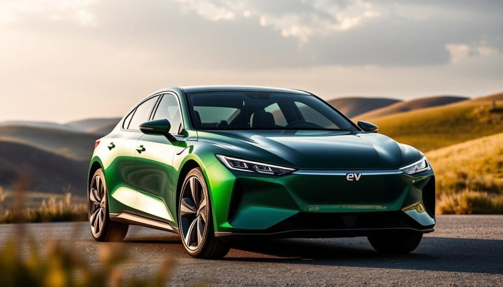 A sleek and modern NIO ET5 electric sedan, its body gleaming in a deep, sustainable shade of green under soft, natural lighting. The exterior features sharp lines and smooth curves, conveying a sense of efficiency and environmental responsibility. In the foreground, the car's distinctive front grille and headlights stand out, while the middle ground showcases the vehicle's clean, aerodynamic profile. The background fades into a serene, nature-inspired setting, with rolling hills and a cloudless sky, emphasizing the car's eco-friendly credentials. The overall scene exudes a sense of technological sophistication and a commitment to sustainable mobility.
