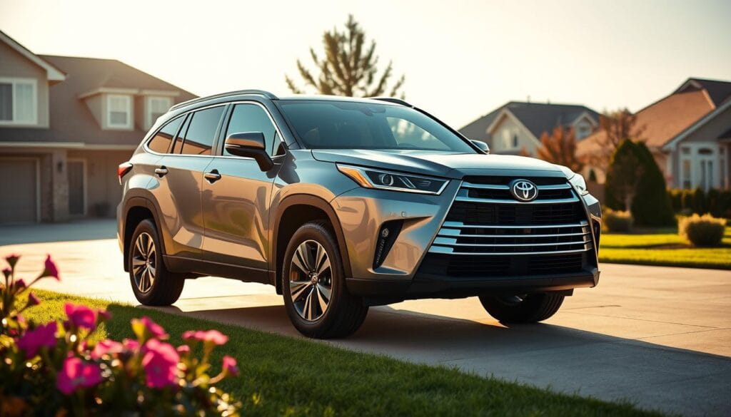 A sleek and modern Toyota Highlander Hybrid SUV, parked in a spacious driveway, bathed in warm afternoon sunlight. The mid-size crossover's bold, angular body lines and distinctive grille create a striking silhouette, complemented by the subtle shine of its metallic paint. In the foreground, a well-manicured lawn and blooming floral accents suggest a comfortable, family-oriented setting. The middle ground features the Highlander's roomy cabin, with panoramic windows allowing natural light to flood the interior, hinting at the vehicle's spacious and versatile design. In the background, a picturesque suburban neighborhood with neatly trimmed trees and well-maintained homes sets the scene for this family-friendly SUV.