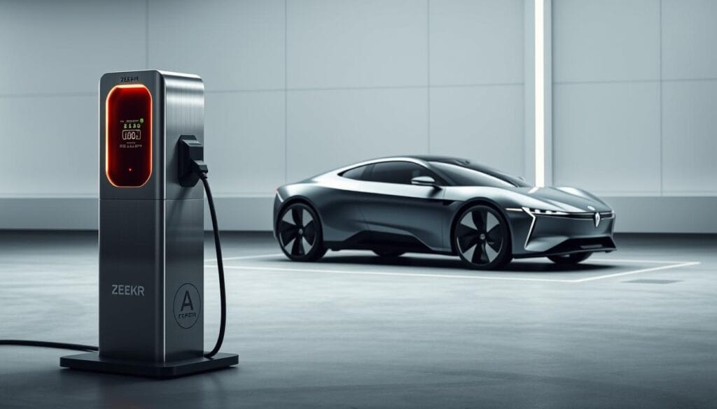 A sleek and modern electric vehicle charging station stands prominently in the foreground, its brushed metal casing and illuminated charging port exuding a sense of advanced technology. In the middle ground, the Zeekr 001 EV, with its aerodynamic silhouette and striking exterior design, is parked and connected to the charger, the battery indicator panel showcasing its charging status. The background features a minimalist, urban landscape, with clean lines and subtle lighting, creating a futuristic and efficient atmosphere, complementing the advanced charging infrastructure and the high-performance EV.