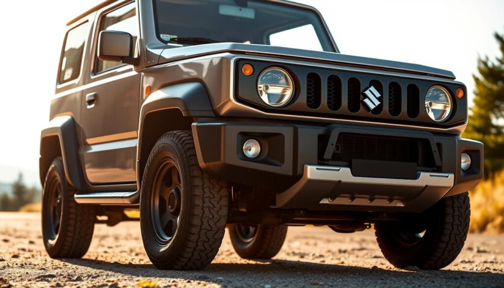 A sleek and modern five-door Suzuki Jimny SUV, its compact dimensions accentuated by dynamic lines and rugged styling cues. Captured in a dramatic three-quarter front view, the Jimny's distinctive circular headlights and bold grille command attention. The brushed aluminum bumper and skid plate lend an adventurous tone, while the flared wheel arches hint at its impressive off-road capabilities. Bright sunlight casts warm shadows across the vehicle's contours, highlighting the attention to detail in its design. The Jimny stands tall and proud, ready to tackle any terrain with its capable 4x4 drivetrain. A sense of adventure and exploration permeates the scene, inviting the viewer to imagine the Jimny's exploits in the great outdoors.