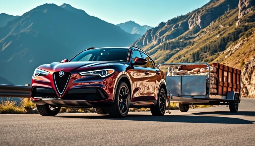 A sleek and powerful Alfa Romeo Stelvio Quadrifoglio, its bold grille and sharp lines gleaming in the sunlight, towing a substantial payload with ease. The powerful SUV is captured in a dynamic three-quarter front view, the towing hitch firmly connected to a heavy-duty trailer loaded with cargo. The scene is set against a backdrop of a winding mountain road, with towering peaks and lush greenery, conveying a sense of strength and capability. Lighting is natural and warm, casting subtle shadows that accentuate the Stelvio's muscular proportions and the weight distribution. The overall mood is one of confidence and high-performance utility.
