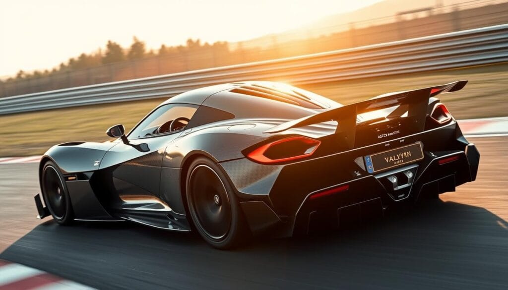 A sleek and powerful Aston Martin Valkyrie hypercar thundering around a racetrack, cutting through the air with precision. The low, wide stance and aggressive aerodynamic body components generate immense downforce, hugging the tarmac as the car accelerates out of corners. Sunlight dances across the sculpted carbon fiber panels, creating dynamic highlights. In the cockpit, the driver grips the Formula 1-inspired steering wheel, eyes fixed on the road ahead, harnessing the full force of the high-revving naturally aspirated V12 engine. The roar of the exhaust echoes off the circuit's barriers, a symphony of pure automotive performance and racing heritage.