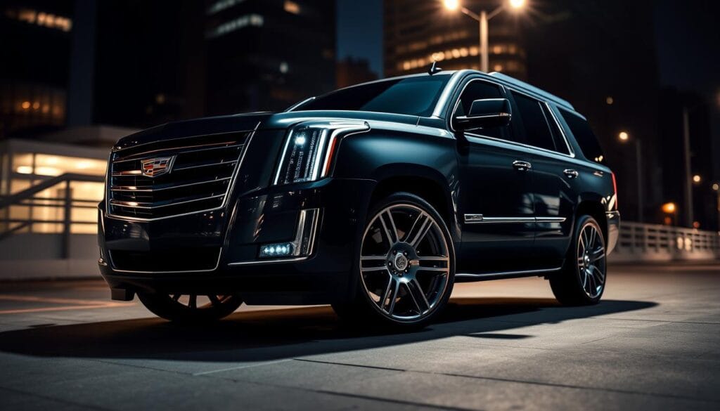 A sleek and powerful Cadillac Escalade in the sport trim package, shot in dramatic low-angle lighting that showcases its chiseled front grille, bold chrome accents, and aggressive 22-inch alloy wheels. The image captures the vehicle's imposing presence, with a taut, muscular stance and a sense of effortless performance. The background features a blurred cityscape, emphasizing the Escalade's urban sophistication. The composition highlights the vehicle's distinctive design details, such as the sculpted hood, the piercing LED headlights, and the sporty trim elements, conveying a sense of refined sportiness and dynamic capability.