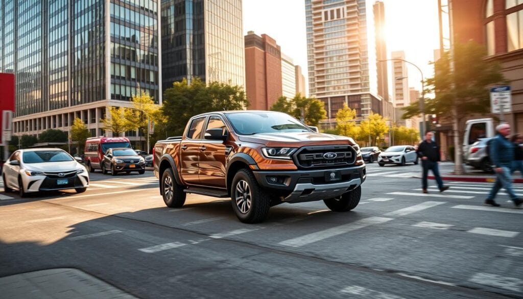 A sleek and powerful Ford Ranger Raptor cruises through the bustling city streets, its muscular frame and bold design radiating confidence. The truck's high-performance off-road suspension and rugged exterior seamlessly transition to the urban landscape, effortlessly navigating tight corners and crowded intersections. Sunlight glints off the striking grille and alloy wheels, highlighting the Raptor's aggressive stance and premium styling. In the foreground, pedestrians and other vehicles share the road, creating a dynamic and vibrant scene. The background features a backdrop of modern high-rise buildings, conveying the Raptor's versatility and ability to thrive in both the wilderness and the concrete jungle.