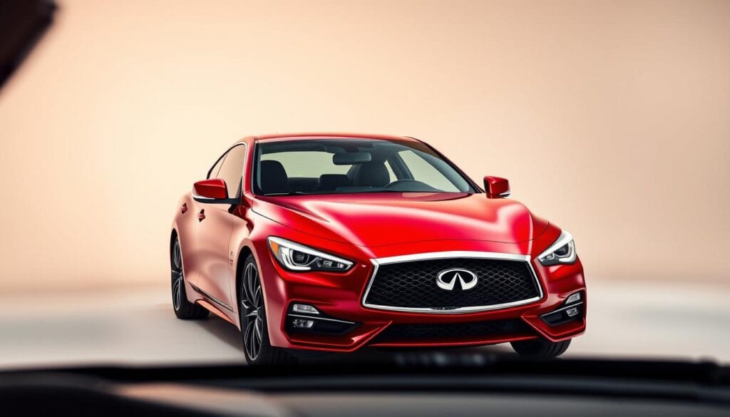 A sleek and powerful Infiniti Q50 Red Sport coupe in a dynamic automotive studio setting. The car's bold, crimson-red exterior glistens under warm, directional lighting, showcasing its sculpted bodylines and muscular stance. The Q50's front grille and headlights project an aggressive, performance-oriented design. In the foreground, the car's interior is visible, revealing high-quality materials and advanced digital displays. The background includes a neutral, minimalist backdrop, allowing the Infiniti's striking aesthetics and technical details to take center stage. The overall scene conveys a sense of refined power, precision engineering, and the Q50's exhilarating driving dynamics.