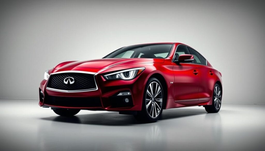 A sleek and powerful Infiniti Q50 Red Sport sedan, showcasing its advanced safety technologies. The car is captured in a well-lit studio setting, with a clean, minimal background that allows the vehicle's striking design to take center stage. The lighting is soft and diffused, creating a sense of depth and highlighting the car's curves and contours. The camera angle is slightly elevated, providing a dynamic and engaging perspective that showcases the vehicle's stance and proportions. The car's red exterior paint gleams, and the image captures the intricate details of the front grille, headlights, and aerodynamic body panels. The aim is to convey the impression of a sophisticated, high-performance luxury sedan with a strong emphasis on advanced safety features and driver assistance systems.