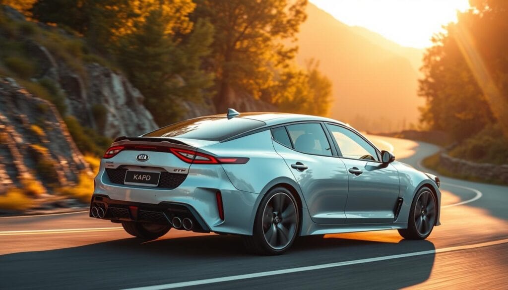 A sleek and powerful Kia Stinger GT2 sedan glides through a winding mountain road, its dynamic handling and taut, muscular body language on full display. The car is captured in a low, three-quarter angle view, accentuating its long, aggressive hood and muscular rear haunches. Warm, golden hour light bathes the scene, casting dramatic shadows that highlight the Stinger's sharp design details. The asphalt ahead winds through lush, verdant foliage, suggesting a thrilling, spirited driving experience. The Stinger's high-performance tires hug the road, conveying a sense of assured, nimble handling. An atmosphere of power, precision, and engaging driving dynamics permeates the frame.