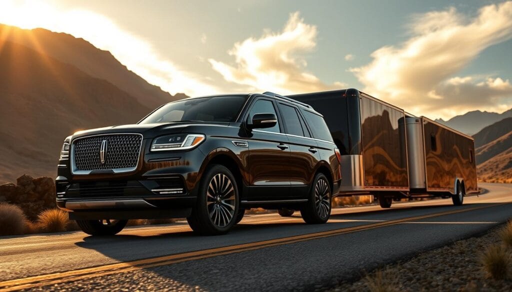 A sleek and powerful Lincoln Navigator Black Label SUV towing a heavy-duty trailer on a remote winding road, set against a dramatic mountainous landscape. The Navigator's iconic grille and bold design features are prominently displayed, with its high-capacity towing hitch and reinforced suspension visible underneath. Warm, golden sunlight filters through wispy clouds, casting a soft glow on the luxurious black exterior. The scene conveys the Navigator's impressive towing capabilities and premium, sophisticated styling.