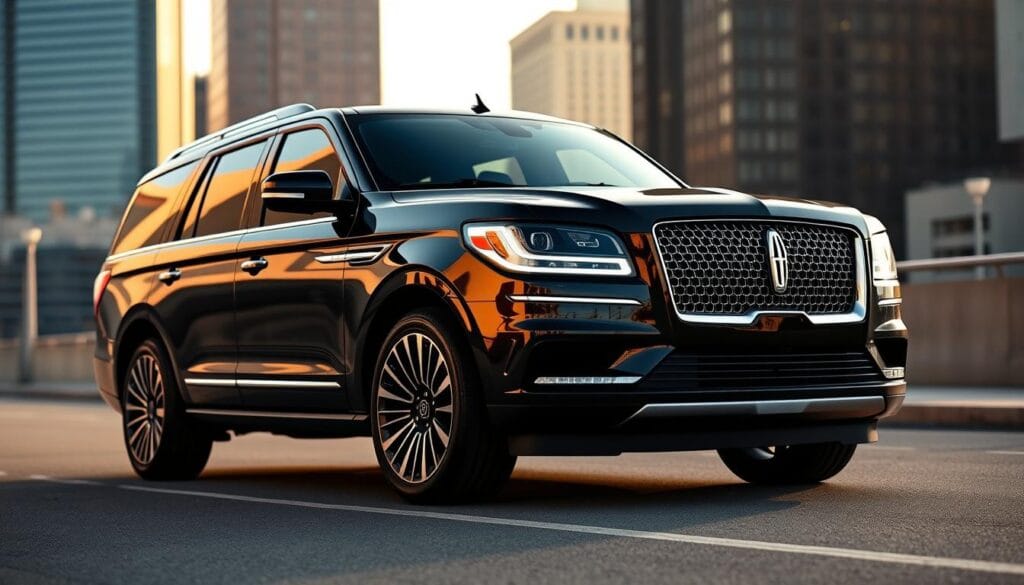 A sleek and powerful Lincoln Navigator Black Label luxury SUV, meticulously detailed, standing majestically in a sophisticated urban setting. The vehicle's bold, commanding presence is illuminated by warm, directional lighting, casting dramatic shadows that accentuate its muscular, refined lines. The background features a blurred cityscape of high-rise buildings, hinting at the Navigator's urban-focused capabilities. The image conveys a sense of sophisticated luxury, power, and technology, befitting a premium, competitive SUV.