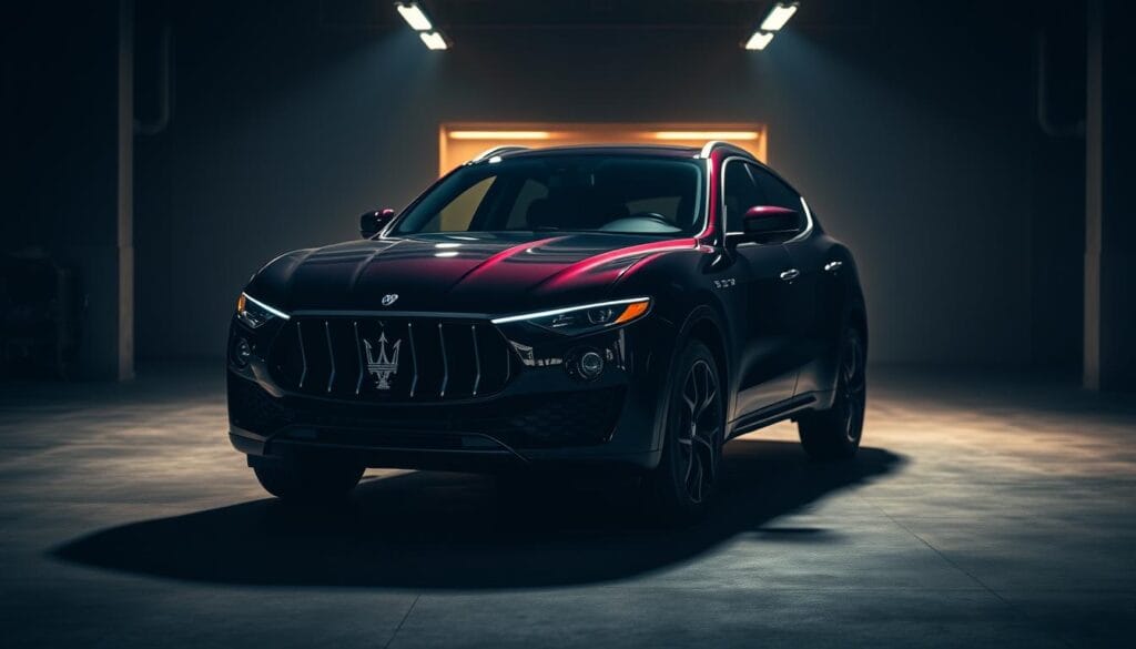 A sleek and powerful Maserati Levante SUV stands in a dimly lit garage, its muscular frame and aggressive front grille bathed in warm, dramatic lighting. The vehicle's sculpted body lines and aerodynamic design elements are prominently featured, highlighting its exceptional performance capabilities. The background is blurred, placing the Levante at the center of attention, showcasing its bold, sophisticated aesthetic. The scene conveys a sense of refined elegance and unbridled power, reflecting the advanced performance features that make the Levante a true high-performance luxury SUV.