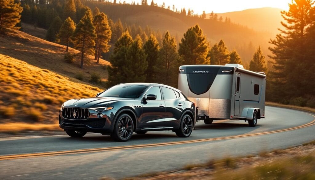 A sleek and powerful Maserati Levante SUV towing a heavy-duty trailer on a winding rural road, nestled between rolling hills and verdant pine forests. The Levante's sturdy frame and muscular engine are showcased as it effortlessly pulls the substantial cargo, demonstrating its impressive towing capacity. Warm, golden sunlight filters through the trees, casting a soft glow over the scene. The Levante's elegant silhouette and chrome accents glisten, highlighting its luxurious design in harmony with its practical performance abilities. The overall composition conveys the Levante's balance of power, sophistication, and utility.