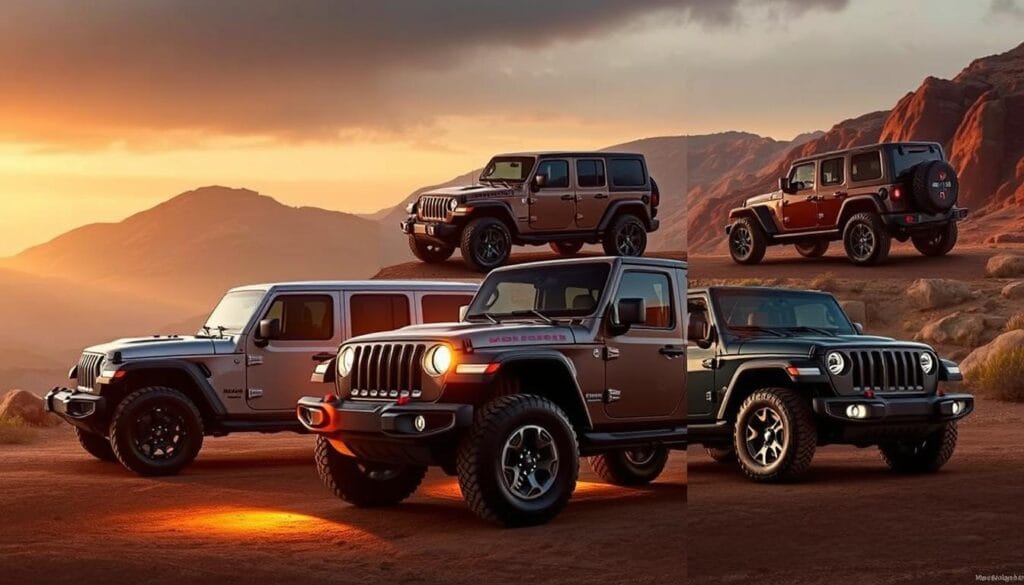 A sleek and rugged Jeep Recon EV in the foreground, illuminated by warm, directional lighting that accentuates its bold, angular design. The mid-ground features various trim level configurations, showcasing the customization options available, with subtle details like alloy wheels, trim accents, and distinctive badging. The background depicts a dramatic, mountainous landscape, hinting at the Recon's off-road capabilities. The overall scene conveys a sense of adventure, power, and technological sophistication, perfectly aligning with the "Trim Levels and Customization Options" section of the "Jeep Recon EV vs Wrangler EV: Ultimate Electric Guide" article.