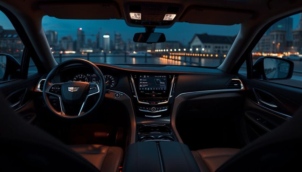 A sleek and sophisticated Cadillac Escalade V, its advanced technology features on full display. Smooth chrome trim and bold, angular lines create an imposing presence, while a high-resolution digital dashboard and a large infotainment screen dominate the luxurious interior. Ambient lighting subtly illuminates the cabin, setting a refined, high-tech tone. The driver's seat offers a commanding view, with intuitive controls at the fingertips. In the background, a dimly lit urban landscape suggests the Escalade's urban prowess and seamless integration of cutting-edge technology.