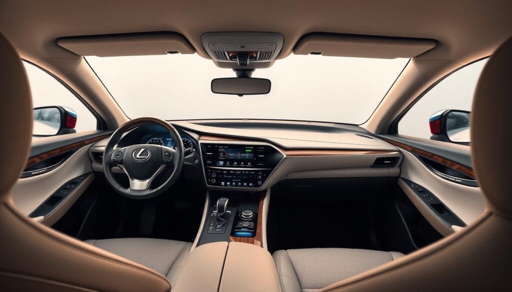 A sleek and sophisticated Lexus RZ 450e interior, captured in a meticulously detailed wide-angle view. The expansive dashboard features a large, high-resolution touchscreen display, seamlessly integrated with the vehicle's cutting-edge infotainment system. Elegant wood and brushed metal accents adorn the cabin, creating a refined and luxurious ambiance. Soft, supple leather upholstery covers the supportive, ergonomically designed seats, while ambient lighting casts a warm glow throughout the space. The overall impression is one of exceptional craftsmanship, advanced technology, and uncompromising attention to detail, befitting the premium positioning of the Lexus RZ 450e electric SUV.