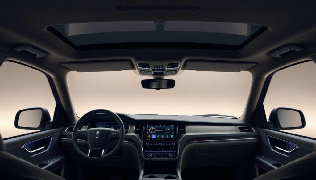 A sleek and sophisticated Lincoln Navigator, bathed in soft, ambient lighting that highlights its advanced technological features. The central touchscreen display dominates the dashboard, showcasing intuitive controls and a seamless infotainment system. Surrounding the driver, a panoramic sunroof and high-end audio system create a premium, connected driving experience. In the background, the elegant, sculpted exterior lines and bold, distinctive grille emphasize the Navigator's luxurious presence. Subtle ambient lighting accentuates the interior's premium materials and craftsmanship, conveying a sense of modern sophistication and effortless capability.