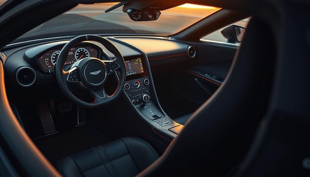 A sleek and sophisticated interior of the Aston Martin Valkyrie, bathed in a warm, ambient glow. Intricate carbon fiber and premium leather surfaces surround the driver, complemented by a high-tech digital instrument cluster and a centrally-mounted touchscreen display. The steering wheel features integrated controls, while the exposed mechanical components hint at the raw power beneath. The overall aesthetic seamlessly blends advanced technology with Aston Martin's renowned craftsmanship, creating a driver-focused cockpit that is both functional and elegant.