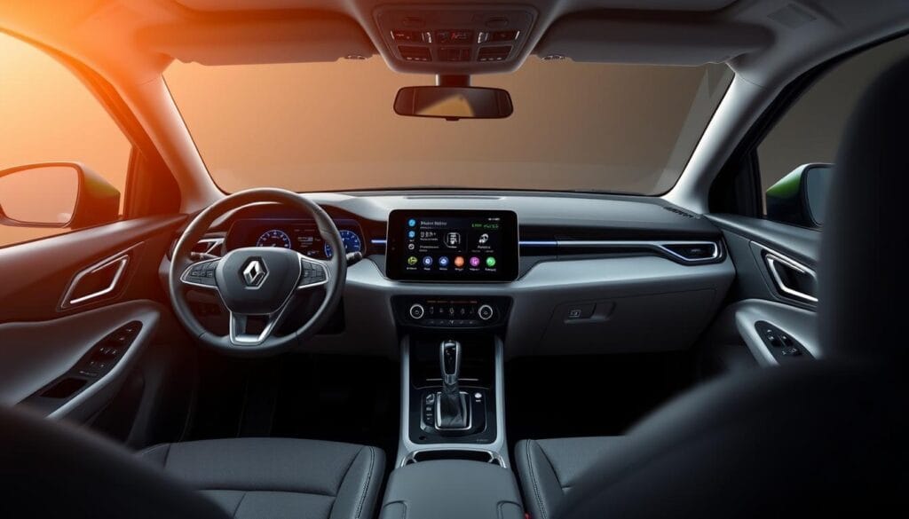 A sleek and sophisticated interior of the Renault Arkana, showcasing its advanced technology and connectivity features. The dashboard is dominated by a large, high-resolution touchscreen display, framed by a clean, minimalist design. The center console features intuitive controls for climate, audio, and vehicle settings, while the instrument cluster displays vital driving information in a clear and organized manner. Ambient lighting accents the cabin, creating a warm and inviting atmosphere. The seats are upholstered in high-quality materials, offering both comfort and style. The overall layout is thoughtfully designed, prioritizing user-friendliness and seamless integration of the vehicle's various technology systems.