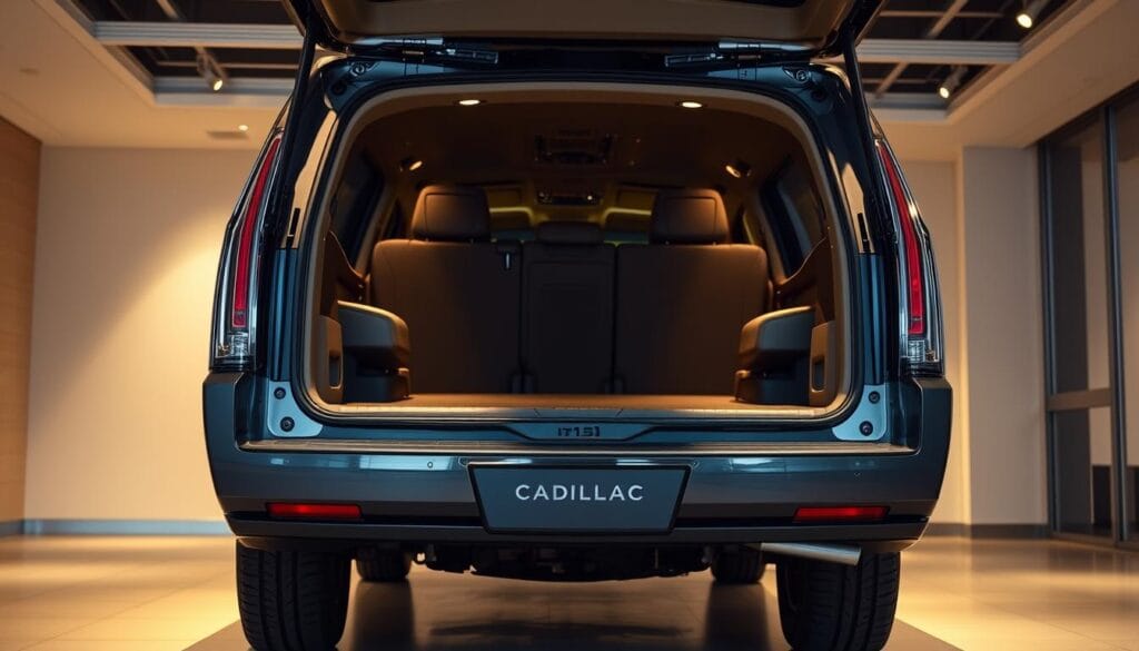 A sleek and spacious Cadillac Escalade stands in a well-lit showroom, its vast cargo area revealed. The vehicle is photographed from a low angle, highlighting its imposing presence and generous interior space. Soft, warm lighting illuminates the polished chrome trim and luxurious leather upholstery, creating a refined and inviting atmosphere. The Escalade's cavernous cargo hold takes center stage, with ample room for luggage, sports equipment, and other large items. The background is slightly blurred, placing the focus squarely on the SUV's impressive practicality and premium design.