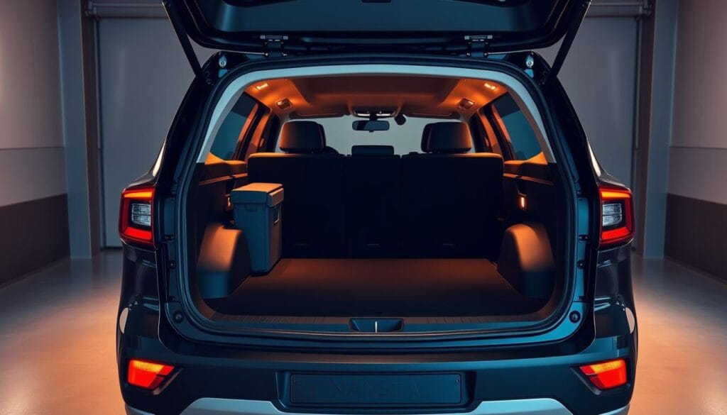 A sleek and spacious Renault Arkana SUV parked in a well-lit garage, its tailgate open to reveal a capacious and neatly organized cargo area. The interior is bathed in warm, soft lighting, highlighting the thoughtful storage solutions and ample space for bulky or irregularly shaped items. Crisp shadows and reflections on the shiny surfaces add depth and dimension to the scene. The Arkana's dynamic, coupe-inspired silhouette is visible in the background, conveying a sense of modern design and functionality. The overall atmosphere is one of practicality, sophistication, and attention to detail - a visually compelling representation of the vehicle's advanced storage capabilities.