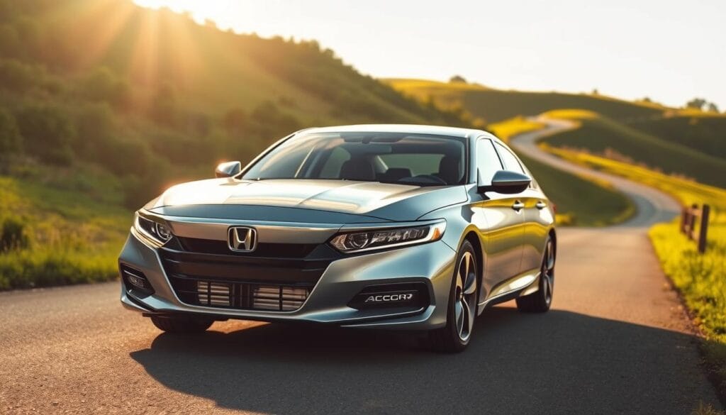 A sleek and sporty Honda Accord in the foreground, its metallic silver body gleaming under the warm, golden afternoon sun. The performance-oriented Accord Sport model, with its aggressive front grille, sculpted hood, and signature LED headlights. In the middle ground, a winding country road winds through lush, rolling hills, lush greenery framing the scene. In the background, a cloudless azure sky, hinting at the efficient, yet powerful nature of the Accord's engine. The lighting is soft and natural, emphasizing the car's elegant lines and dynamic stance, conveying the delicate balance between fuel economy and performance.
