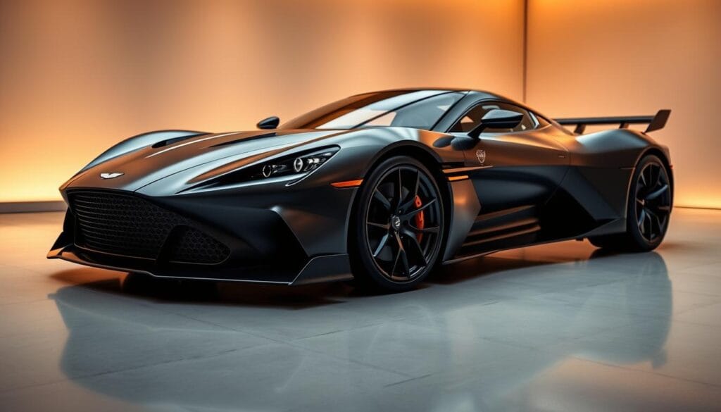 A sleek and stunning Aston Martin Valkyrie in a well-lit showroom, showcasing its aerodynamic body panels and intricate details. The supercar is positioned against a backdrop of warm, diffused lighting, casting subtle shadows and highlighting the bold curves of the design. The foreground features the Valkyrie's distinctive front grille and headlights, while the middle ground showcases the car's side profile, revealing its sculpted lines and large alloy wheels. In the background, a minimalist, high-end interior is visible, hinting at the Valkyrie's luxurious cabin and the comprehensive warranty coverage and support services offered by Aston Martin.