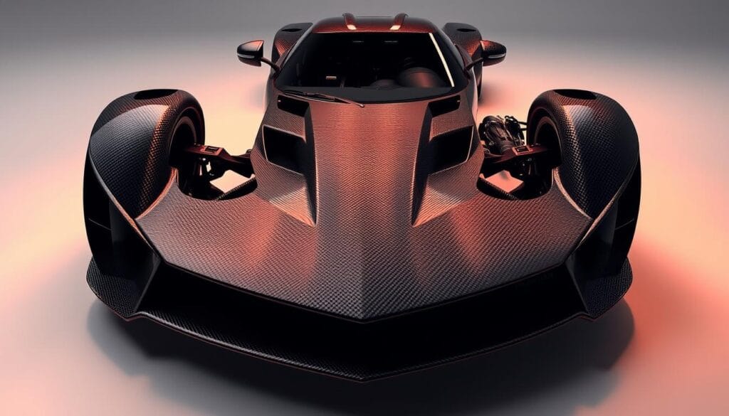 A sleek, carbon fiber chassis of the Hennessey Venom F5 hypercar, meticulously engineered for ultimate performance. The intricate weave of carbon fiber is illuminated by warm, directional lighting, casting subtle shadows that accentuate the sculptural forms. The chassis is captured at a dynamic angle, emphasizing the low, aggressive stance and the vehicle's aerodynamic design. The background is a pristine, high-contrast environment, allowing the carbon fiber's textures and the chassis' contours to be the focal point. The overall mood is one of technical sophistication, precision, and raw power, befitting the Venom F5's status as a cutting-edge engineering masterpiece.