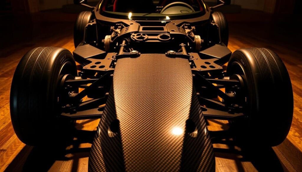 A sleek, carbon fiber chassis of the Hennessey Venom F5 sports car, showcasing the intricate weave pattern and the structural strength of this lightweight material. The chassis is illuminated by warm, directional lighting, casting dramatic shadows that accentuate the contours and curves. The camera angle is low, capturing the chassis from a dynamic, elevated perspective, emphasizing the car's powerful, ground-hugging stance. The background is blurred, allowing the carbon fiber construction to be the focal point, highlighting its engineering prowess and design excellence.