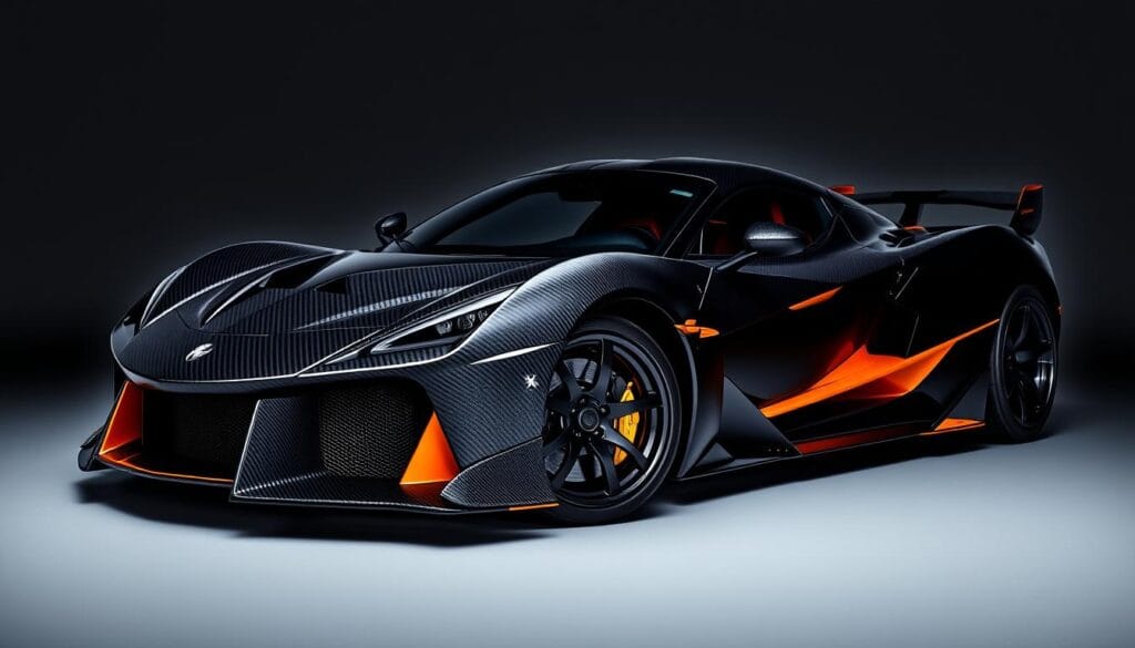 A sleek, customized Hennessey Venom F5 hypercar takes center stage, showcasing its unparalleled performance potential. The vehicle's aerodynamic body is highlighted by a striking carbon fiber exterior, accentuated by bold, contrasting accents. The front fascia displays a menacing, aggressive grille, flanked by thin, precision-engineered headlights that seamlessly integrate into the design. The low-slung profile and wide stance exude raw power, hinting at the car's unrelenting acceleration. In the middle ground, the Venom F5's intricate wheel design and massive, high-performance brakes are visible, complementing the overall athletic stance. The background maintains a minimalist, high-contrast environment, allowing the car's bold presence to take center stage. Subtle, dramatic lighting casts dramatic shadows, emphasizing the Venom F5's sculpted lines and curves, resulting in a captivating, high-performance-focused image.