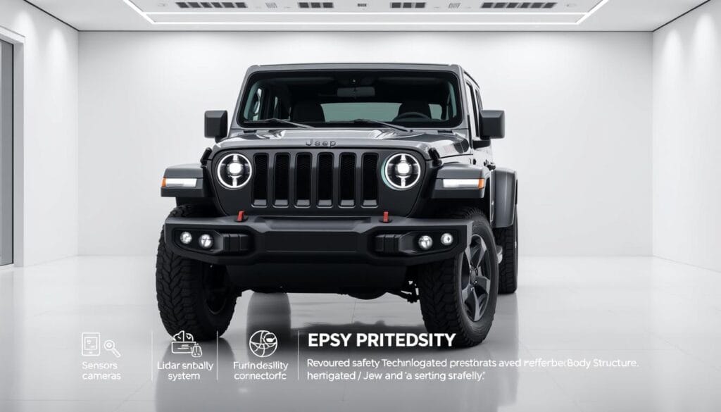 A sleek, electric Jeep Recon SUV sits in a well-lit, modern showroom. The vehicle's exterior features prominent headlights, a bold front grille, and a powerful stance, conveying a sense of safety and capability. In the foreground, the Jeep's advanced safety technologies are highlighted, including sensors, cameras, and lidar systems integrated seamlessly into the design. The middle ground showcases the Recon's sturdy frame and reinforced body structure, emphasizing its protective qualities. The background depicts a minimalist, high-tech environment, with clean lines and subtle lighting that accentuates the SUV's advanced technological features.