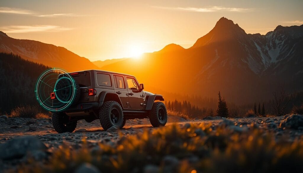A sleek, electric Jeep Recon navigating rugged terrain, its advanced safety features prominently displayed. In the foreground, a high-resolution close-up showcases the vehicle's advanced driver assistance sensors, including radar, lidar, and camera systems. The middle ground reveals the Recon's bold, angular design silhouetted against a dramatic mountainous backdrop, bathed in warm, golden sunset lighting. In the background, a panoramic vista of towering peaks and lush forests evokes a sense of adventure and exploration. The overall scene conveys the Recon's exceptional off-road capability and cutting-edge safety technology, ready to take on the most challenging environments with confidence and control.
