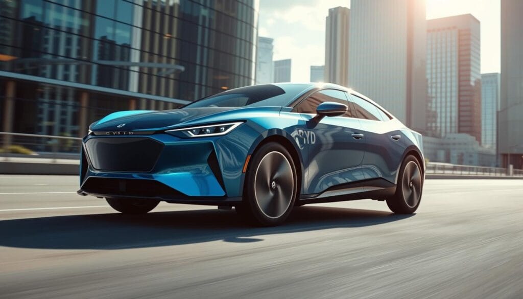 A sleek electric vehicle glides silently across a sun-dappled city street, its aerodynamic BYD Seagull body gleaming in chrome and blue hues. The front view showcases the vehicle's sharp, angular headlights and aerodynamic nose, hinting at its impressive performance capabilities. In the middle ground, the car's side profile reveals its streamlined, futuristic silhouette, with smooth lines and subtle curves that optimize efficiency. The background features a modern urban skyline, with towering glass-and-steel buildings reflecting the Seagull's dynamic presence. Subtle lighting effects and a crisp, cinematic angle capture the vehicle's energy and technological prowess, perfectly suited to illustrate the "Performance and Technical Specifications" of this innovative, affordable electric car.