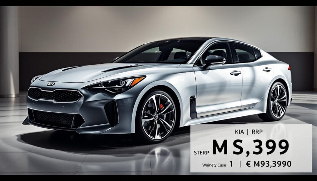 A sleek, expertly crafted Kia Stinger GT2 sports coupe fills the frame, showcased in a high-end luxury showroom setting. Dramatic lighting casts dramatic shadows, highlighting the vehicle's muscular profile and elegant, aerodynamic silhouette. The glossy, metallic paint finish reflects the room's sophisticated decor, conveying a sense of premium quality and exclusivity. In the foreground, a pricing display presents the model's MSRP, positioning it as a compelling performance-oriented luxury option within its competitive segment. The background features a minimalist, modern interior design, suggesting an upscale, aspirational environment befitting the Stinger's market positioning.