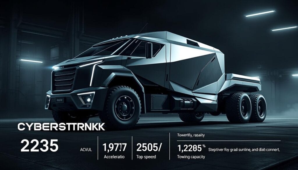 A sleek, futuristic Cybertruck rendered in high-definition, showcasing its angular, steel exoskeleton and impressive performance specifications. The truck is presented in a dimly lit, industrial setting, with a slightly low camera angle to emphasize its imposing presence. Dramatic lighting casts sharp shadows, highlighting the vehicle's sharp edges and bold lines. In the foreground, the Cybertruck's key performance details are prominently displayed, including its acceleration, top speed, and towing capacity, presented in a clean, minimalist layout. The background blends a hazy, metallic urban landscape, emphasizing the Cybertruck's technological sophistication and disruptive potential.