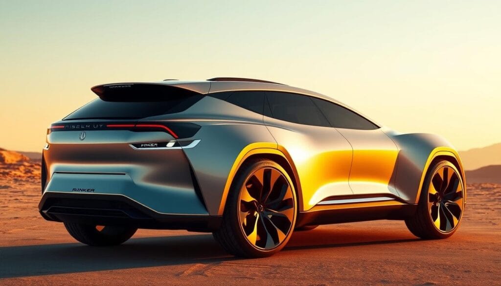 A sleek, futuristic Fisker Ronin electric SUV design, bathed in warm, golden light. The low-slung, aerodynamic body features sharp, angular lines and sculpted surfaces that convey a sense of power and technological sophistication. Prominently displayed is the distinctive Fisker grille and streamlined LED headlights that blend seamlessly into the front fascia. The side profile showcases the vehicle's muscular wheel arches and sweeping roofline, while the rear end boasts a sporty, tapered shape and a bold, integrated spoiler. The scene is captured from a dynamic, three-quarter perspective, emphasizing the Ronin's bold, innovative design and advanced engineering.